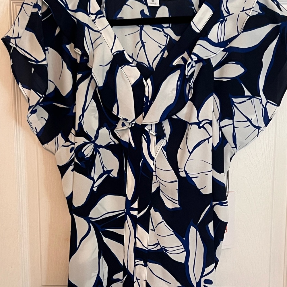 Navy blue blouse with cute ruffles on neckline